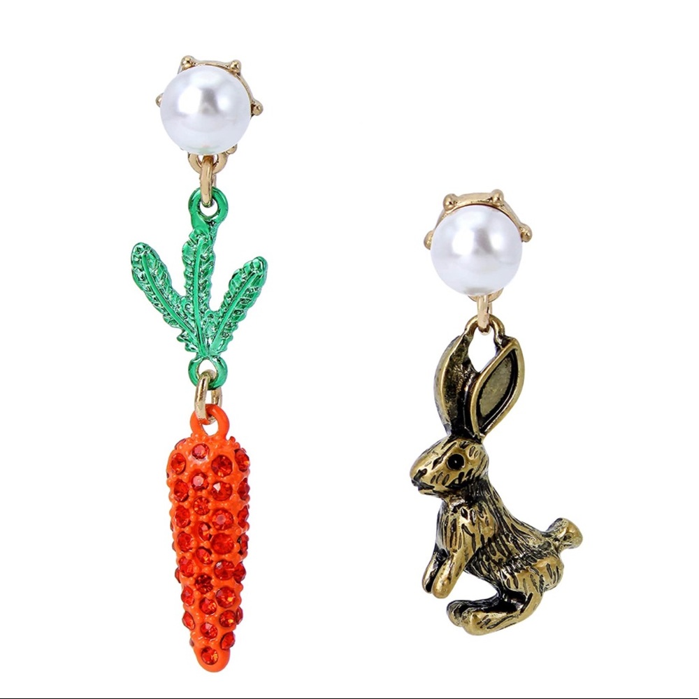 Betsey Johnson Bunny Carrot Non-Matching Earrings Easter Egg Hunt
